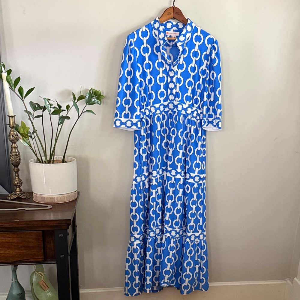 Jude Connally Blue and White Chain-Print Maxi Dress Size- Small